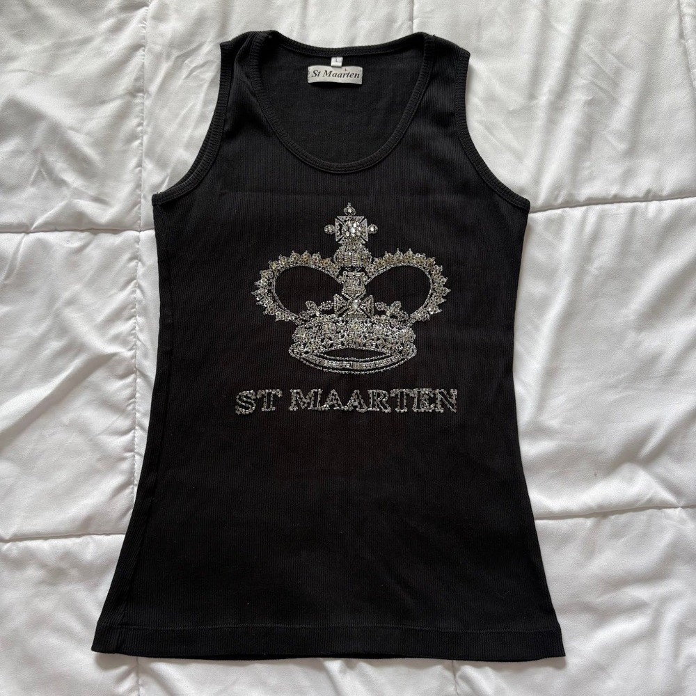 VTG Y2K St Maarten Rhinestone Beaded Ribbed Tank Top Black 100% Cotton Large